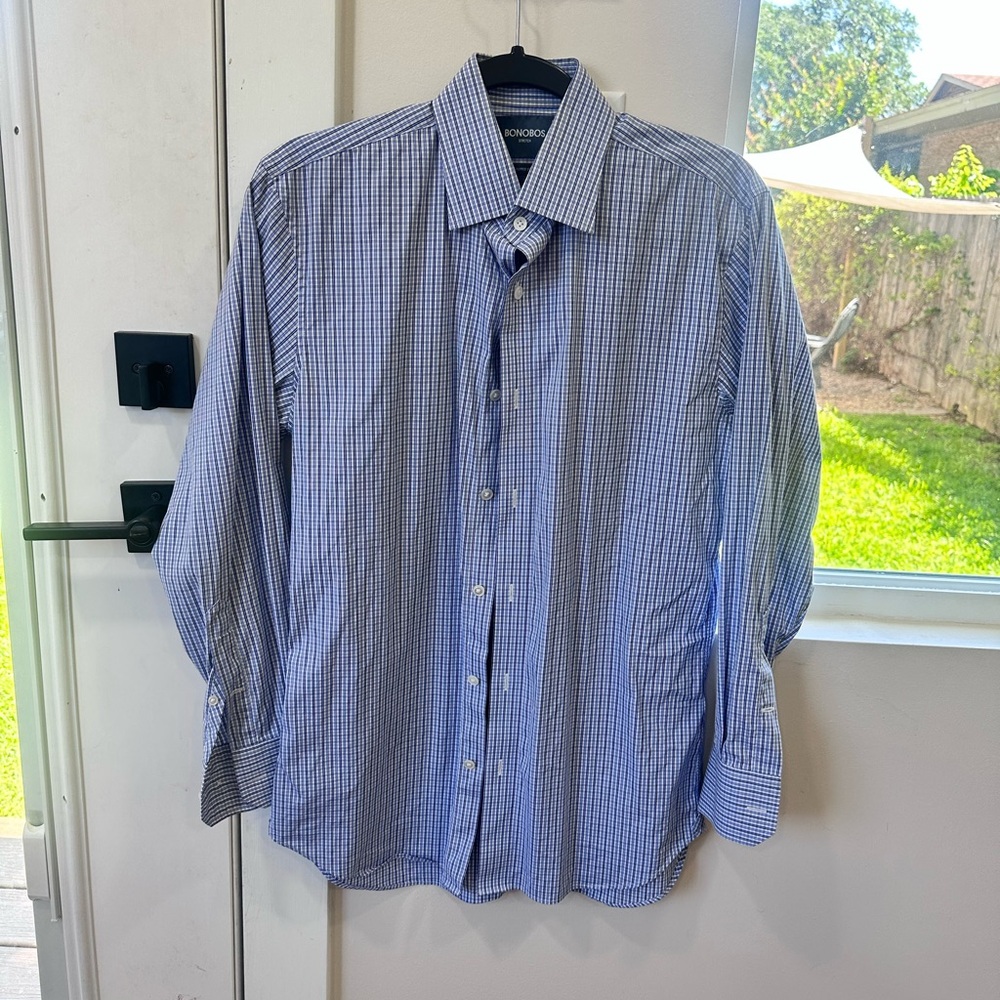 Bonobos Men's Jet Setter multi Blue Checkered Shirt 15x32 slim fit